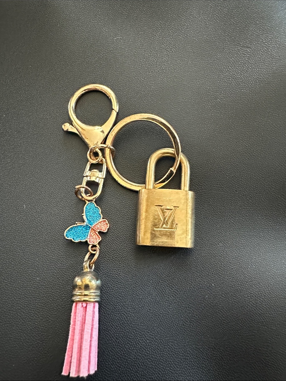 Louis Vuitton Gold Padlock Key Charm with Pink Tassel & Blue-Pink Butterfly